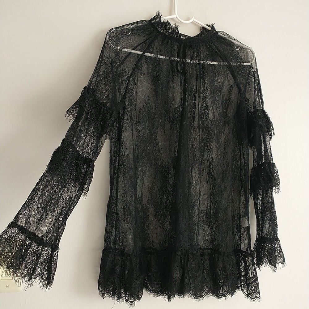 Blouse Top Women L Black Floral Sheer Lace Fairy Grunge Witchy Whimsigoth Ruffle